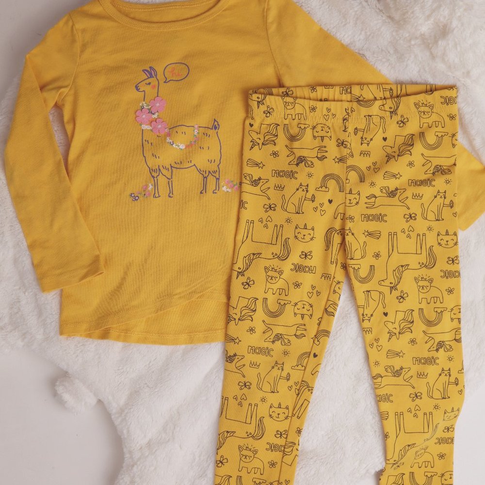 🩰 Carter's Yellow Black Set Top Blouse Pants Leggings Llama Unicorn Rain